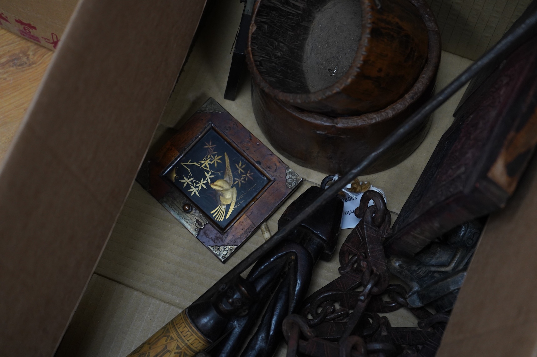 A collection of Burmese items to include wood weaving block, two figural weaving pulleys, two arrow heads and two trunk pots